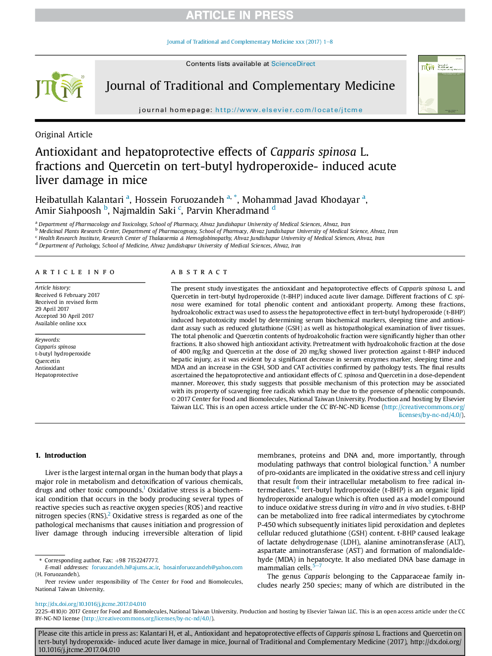 Antioxidant and hepatoprotective effects of Capparis spinosa L. fractions and Quercetin on tert-butyl hydroperoxide- induced acute liver damage in mice