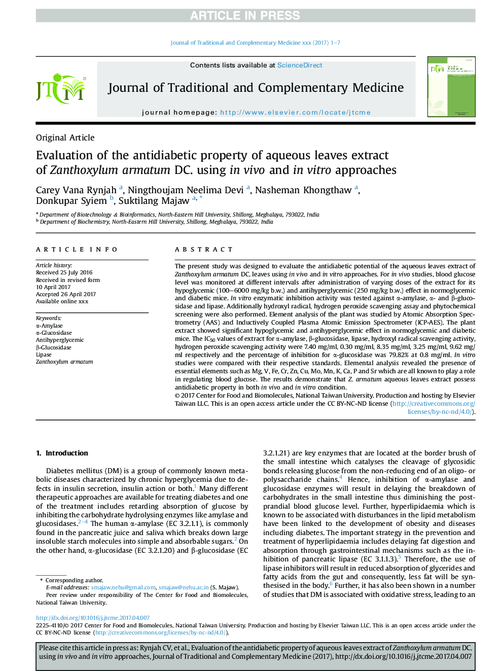 Evaluation of the antidiabetic property of aqueous leaves extract ofÂ Zanthoxylum armatum DC. using inÂ vivo and inÂ vitro approaches