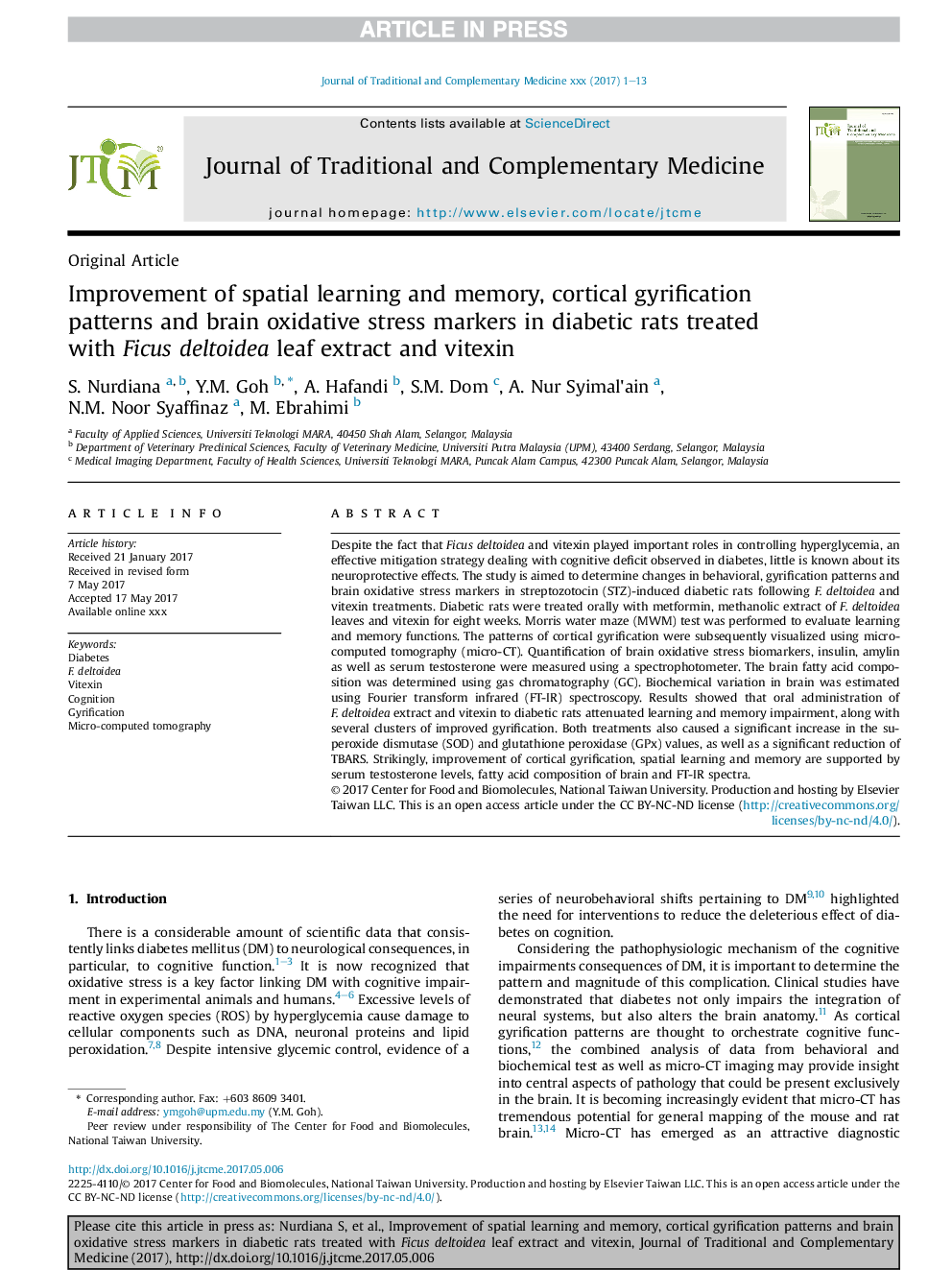 Improvement of spatial learning and memory, cortical gyrification patterns and brain oxidative stress markers in diabetic rats treated with Ficus deltoidea leaf extract and vitexin