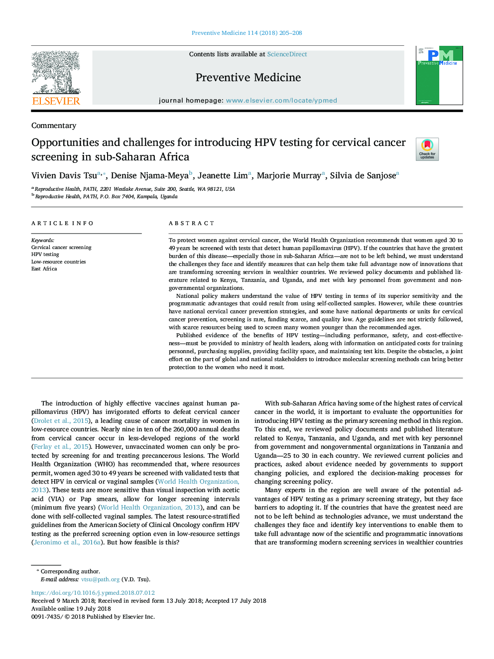 Opportunities and challenges for introducing HPV testing for cervical cancer screening in sub-Saharan Africa