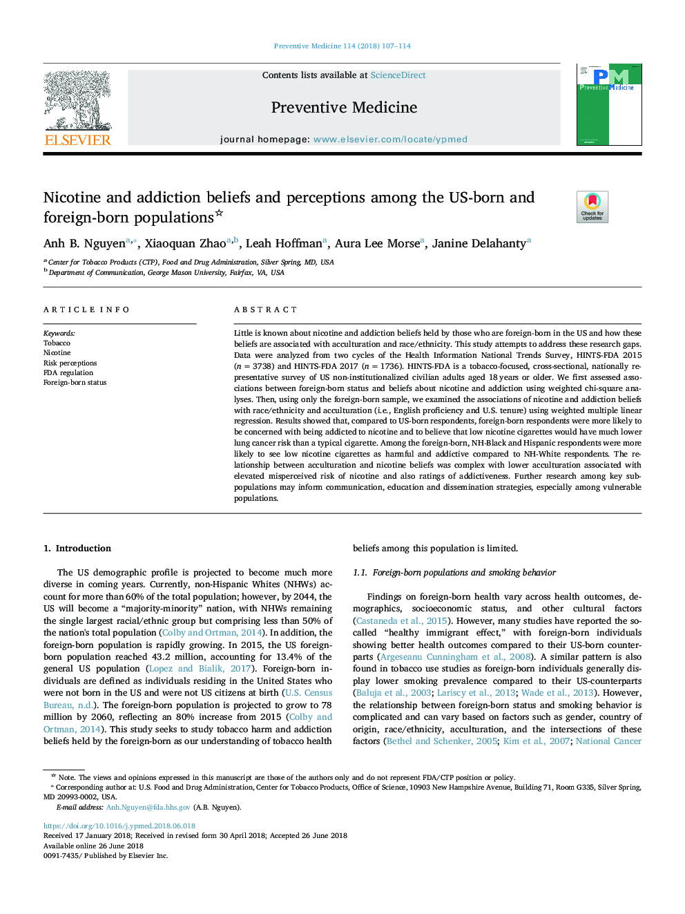 Nicotine and addiction beliefs and perceptions among the US-born and foreign-born populations