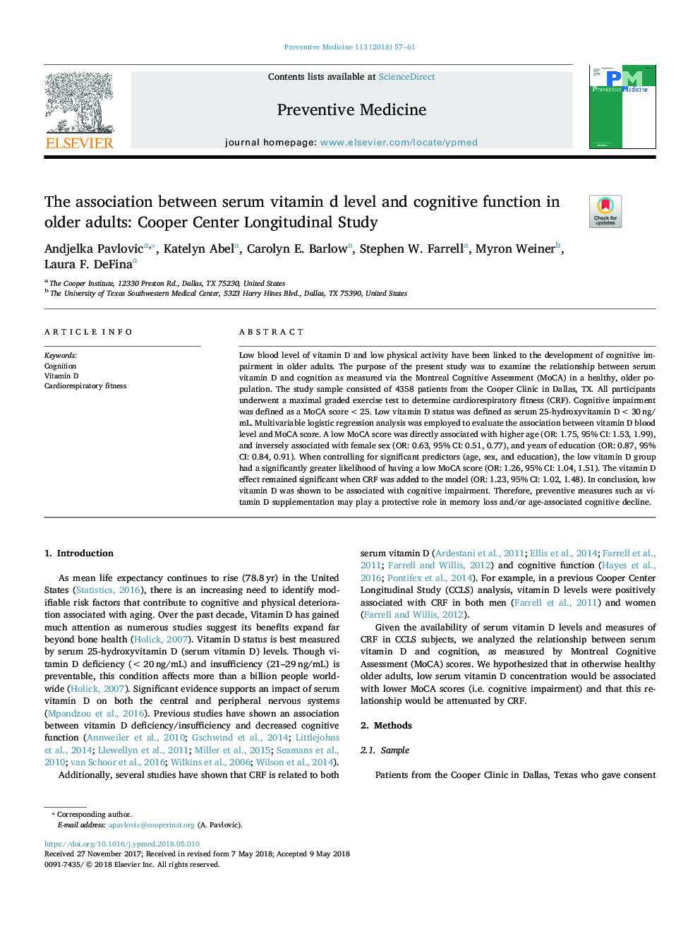 The association between serum vitamin d level and cognitive function in older adults: Cooper Center Longitudinal Study