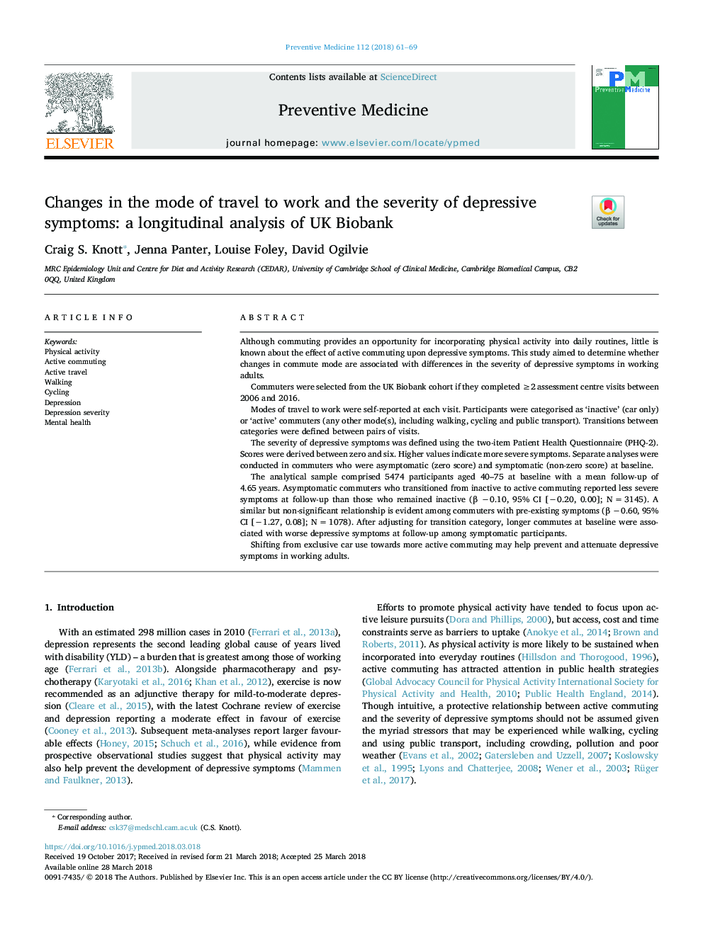 Changes in the mode of travel to work and the severity of depressive symptoms: a longitudinal analysis of UK Biobank