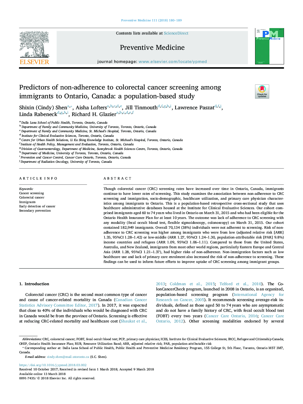 Predictors of non-adherence to colorectal cancer screening among immigrants to Ontario, Canada: a population-based study