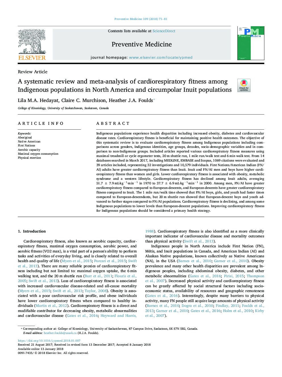 A systematic review and meta-analysis of cardiorespiratory fitness among Indigenous populations in North America and circumpolar Inuit populations