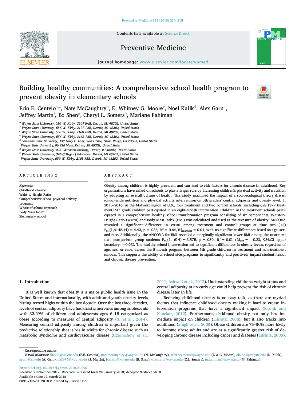 Building healthy communities: A comprehensive school health program to prevent obesity in elementary schools