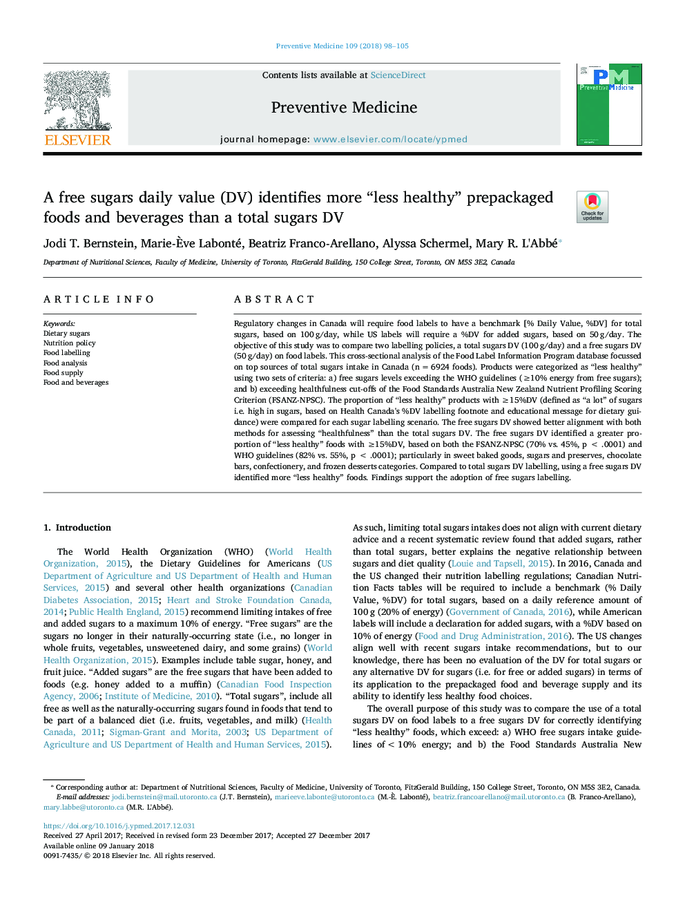 A free sugars daily value (DV) identifies more “less healthy” prepackaged foods and beverages than a total sugars DV