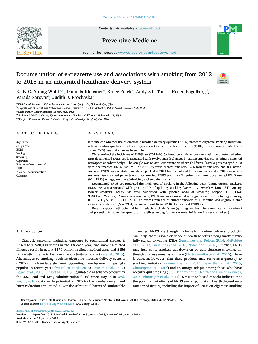 Documentation of e-cigarette use and associations with smoking from 2012 to 2015 in an integrated healthcare delivery system