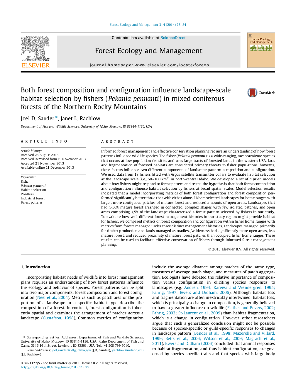 Both forest composition and configuration influence landscape-scale habitat selection by fishers (Pekania pennanti) in mixed coniferous forests of the Northern Rocky Mountains