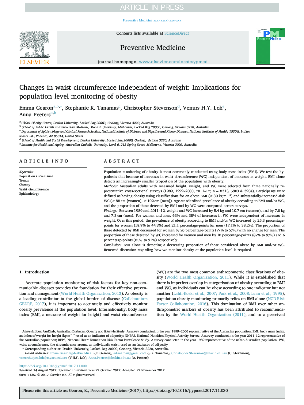 Changes in waist circumference independent of weight: Implications for population level monitoring of obesity