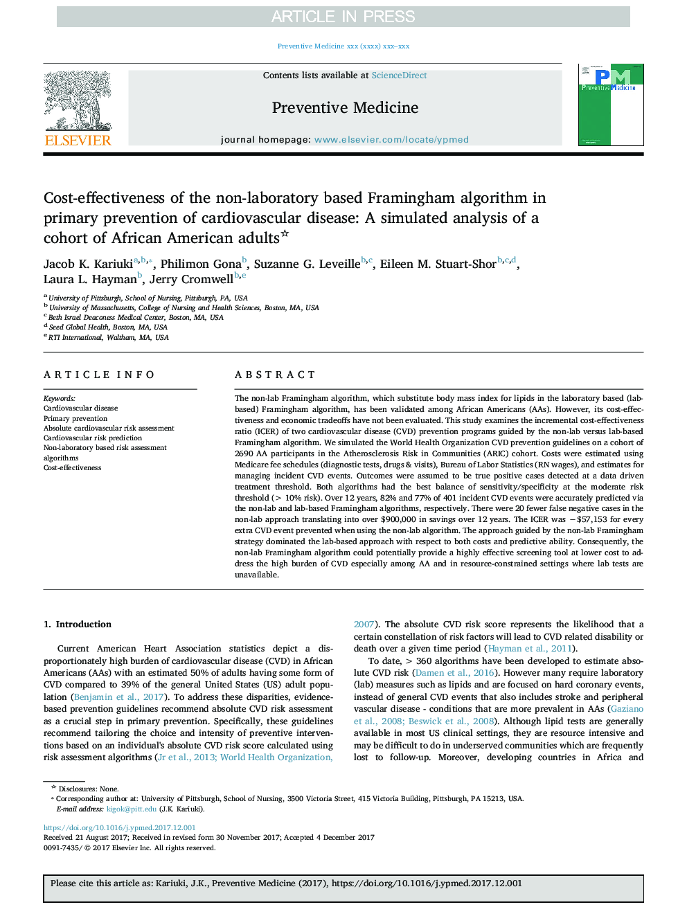 Cost-effectiveness of the non-laboratory based Framingham algorithm in primary prevention of cardiovascular disease: A simulated analysis of a cohort of African American adults