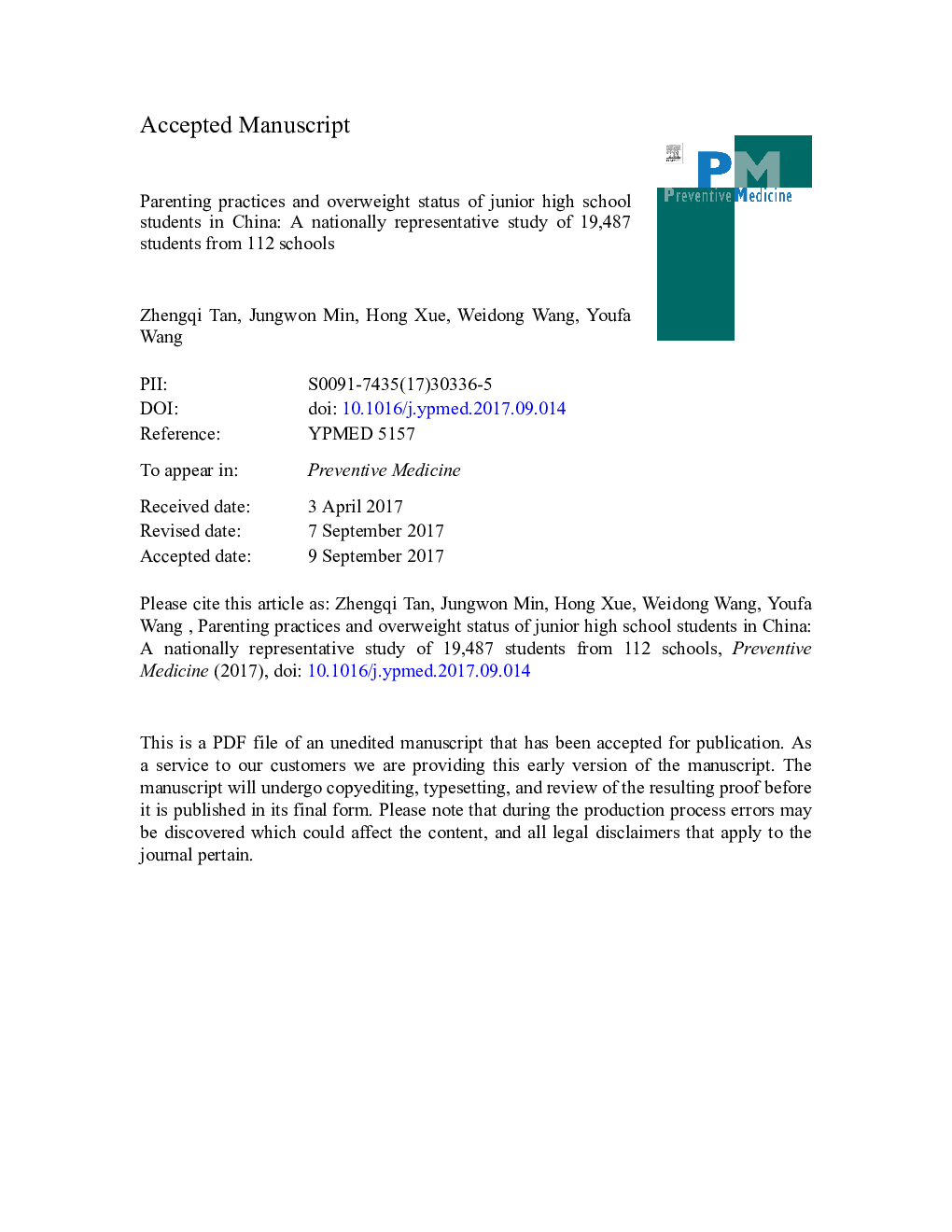 Parenting practices and overweight status of junior high school students in China: A nationally representative study of 19,487 students from 112 schools