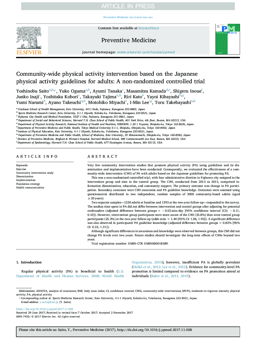 Community-wide physical activity intervention based on the Japanese physical activity guidelines for adults: A non-randomized controlled trial