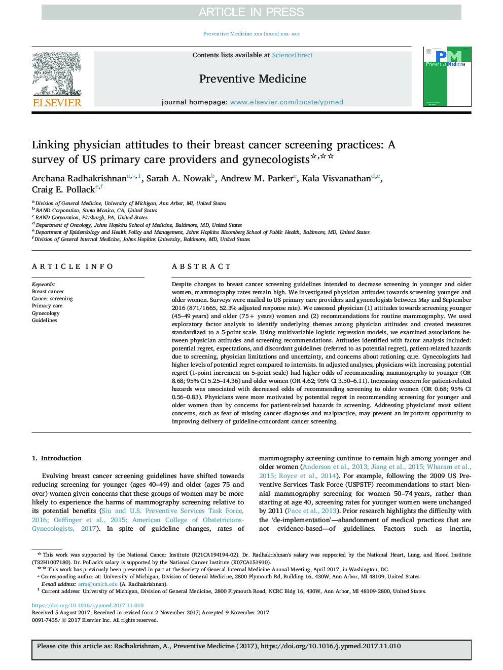 Linking physician attitudes to their breast cancer screening practices: A survey of US primary care providers and gynecologists