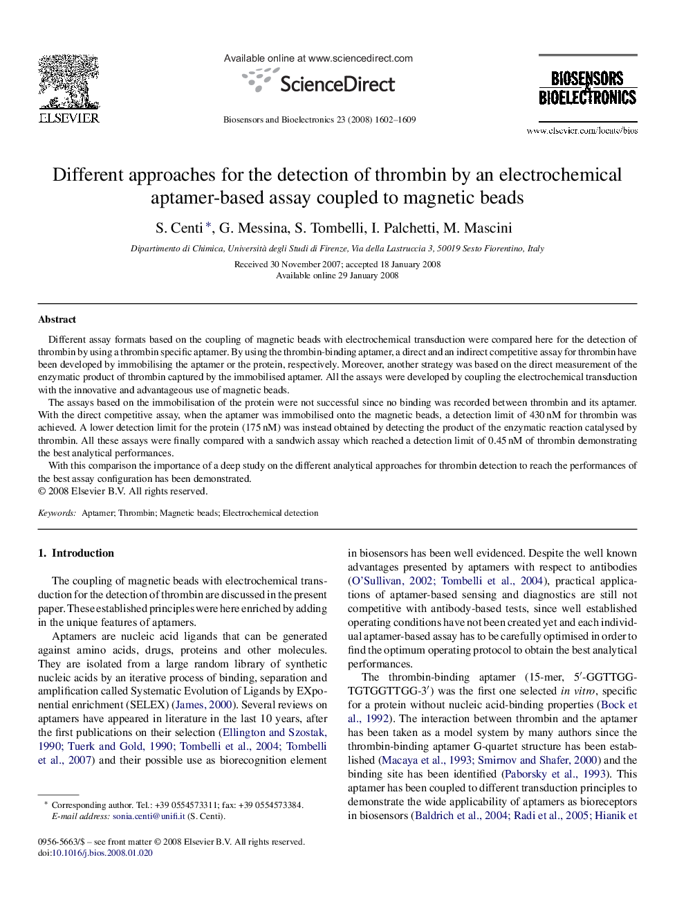 Different approaches for the detection of thrombin by an electrochemical aptamer-based assay coupled to magnetic beads