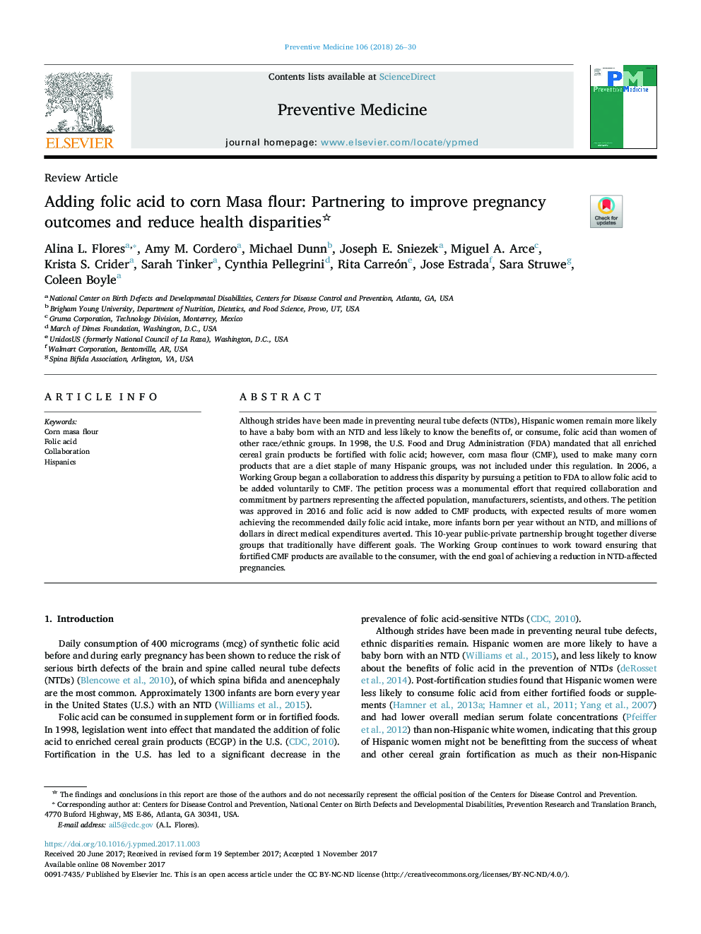 Adding folic acid to corn Masa flour: Partnering to improve pregnancy outcomes and reduce health disparities