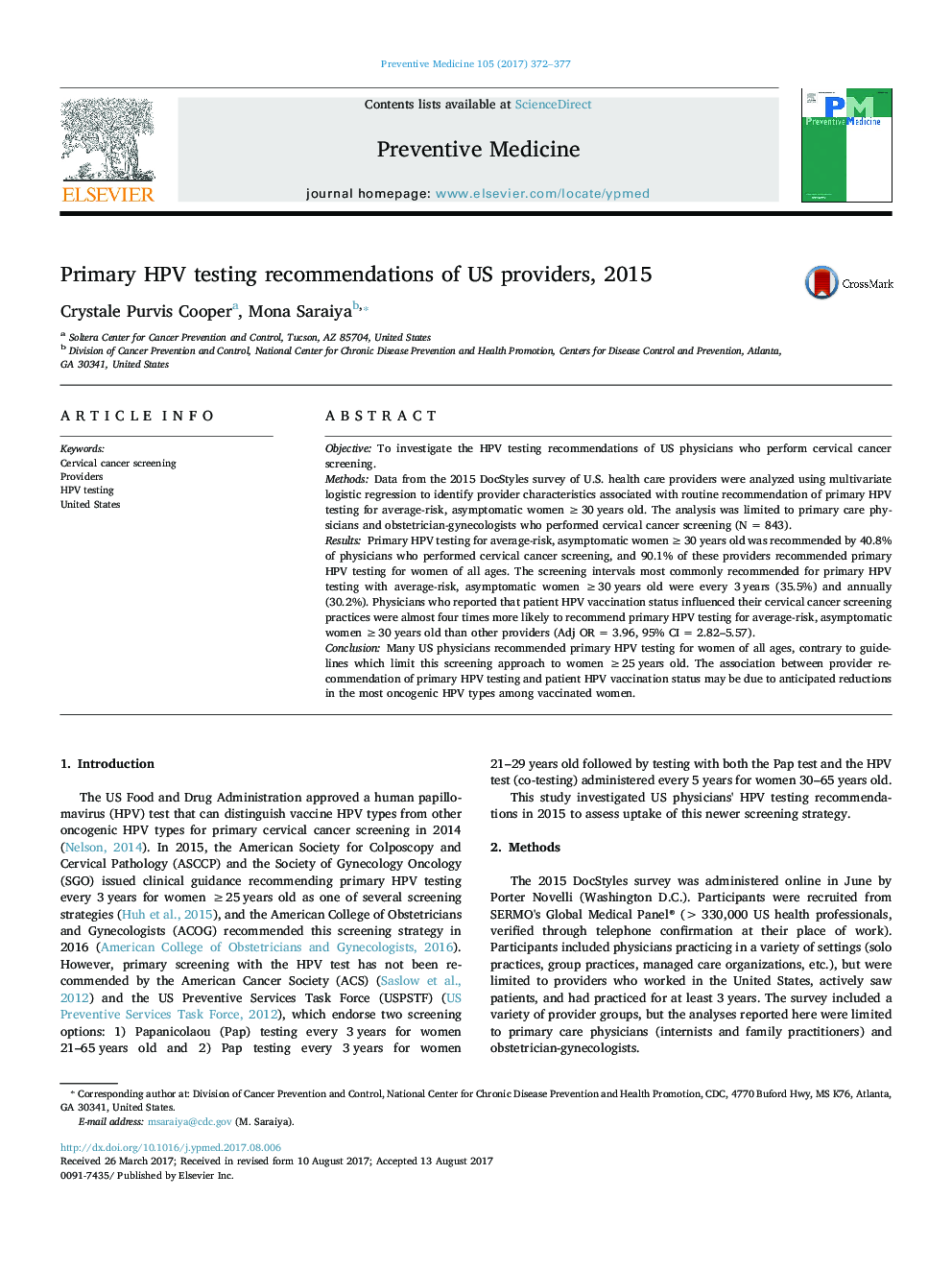 Primary HPV testing recommendations of US providers, 2015