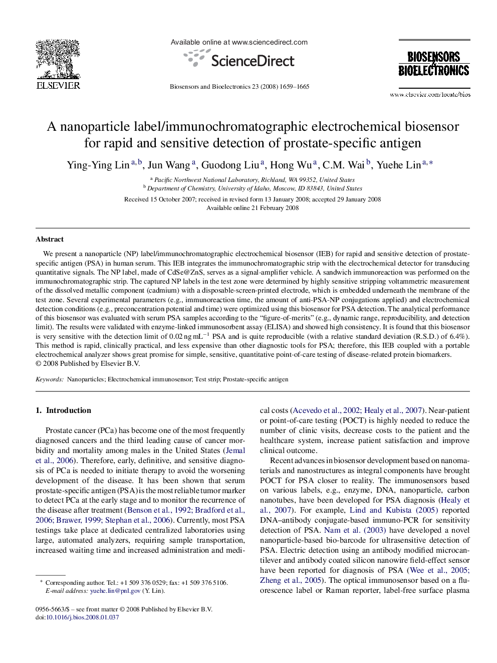 A nanoparticle label/immunochromatographic electrochemical biosensor for rapid and sensitive detection of prostate-specific antigen