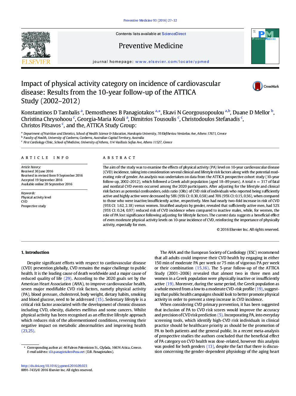 Impact of physical activity category on incidence of cardiovascular disease: Results from the 10-year follow-up of the ATTICA Study (2002-2012)