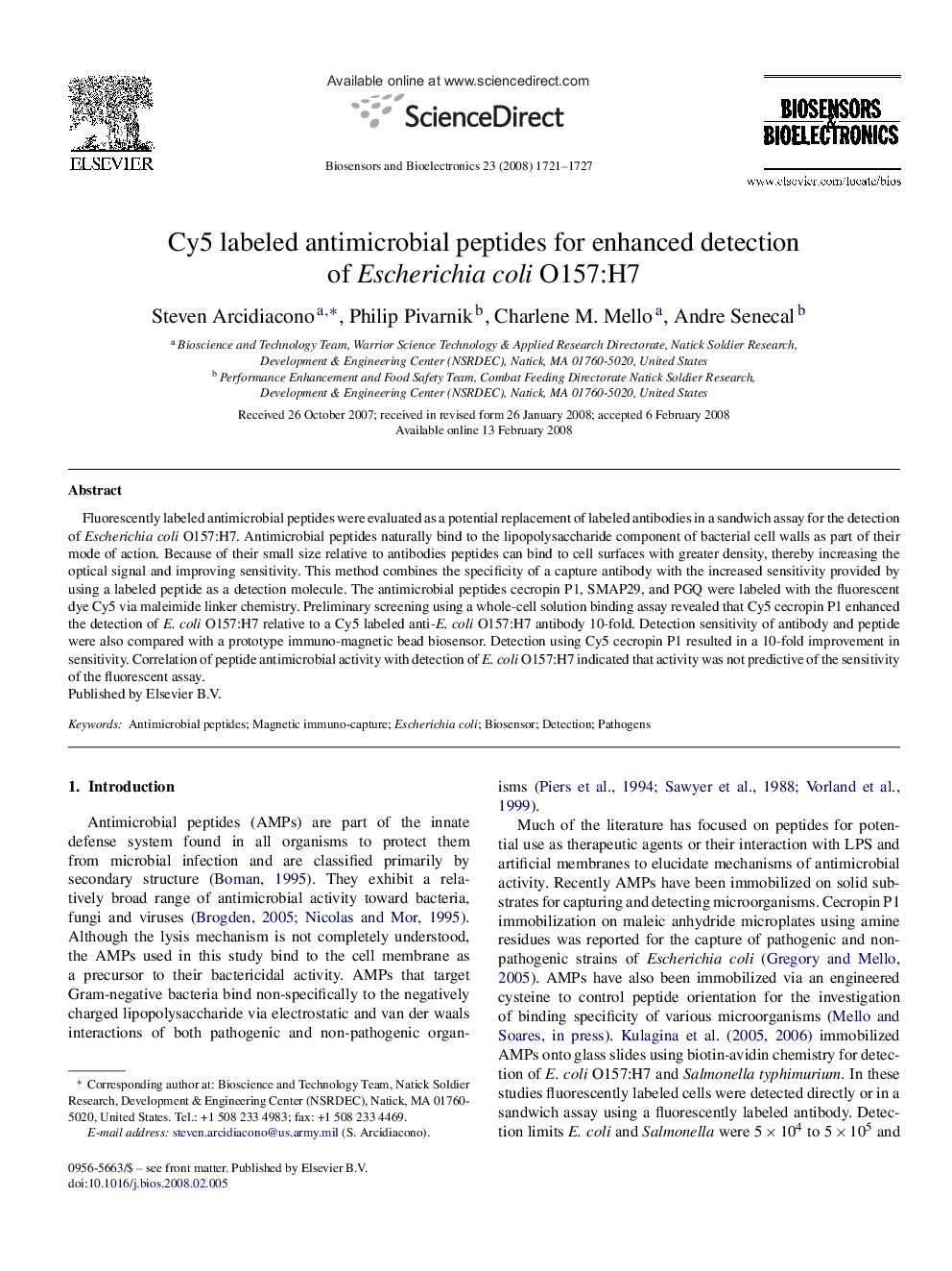 Cy5 labeled antimicrobial peptides for enhanced detection of Escherichia coli O157:H7