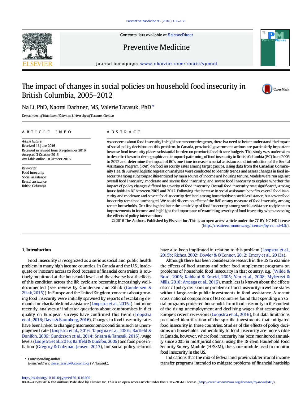 The impact of changes in social policies on household food insecurity in British Columbia, 2005-2012