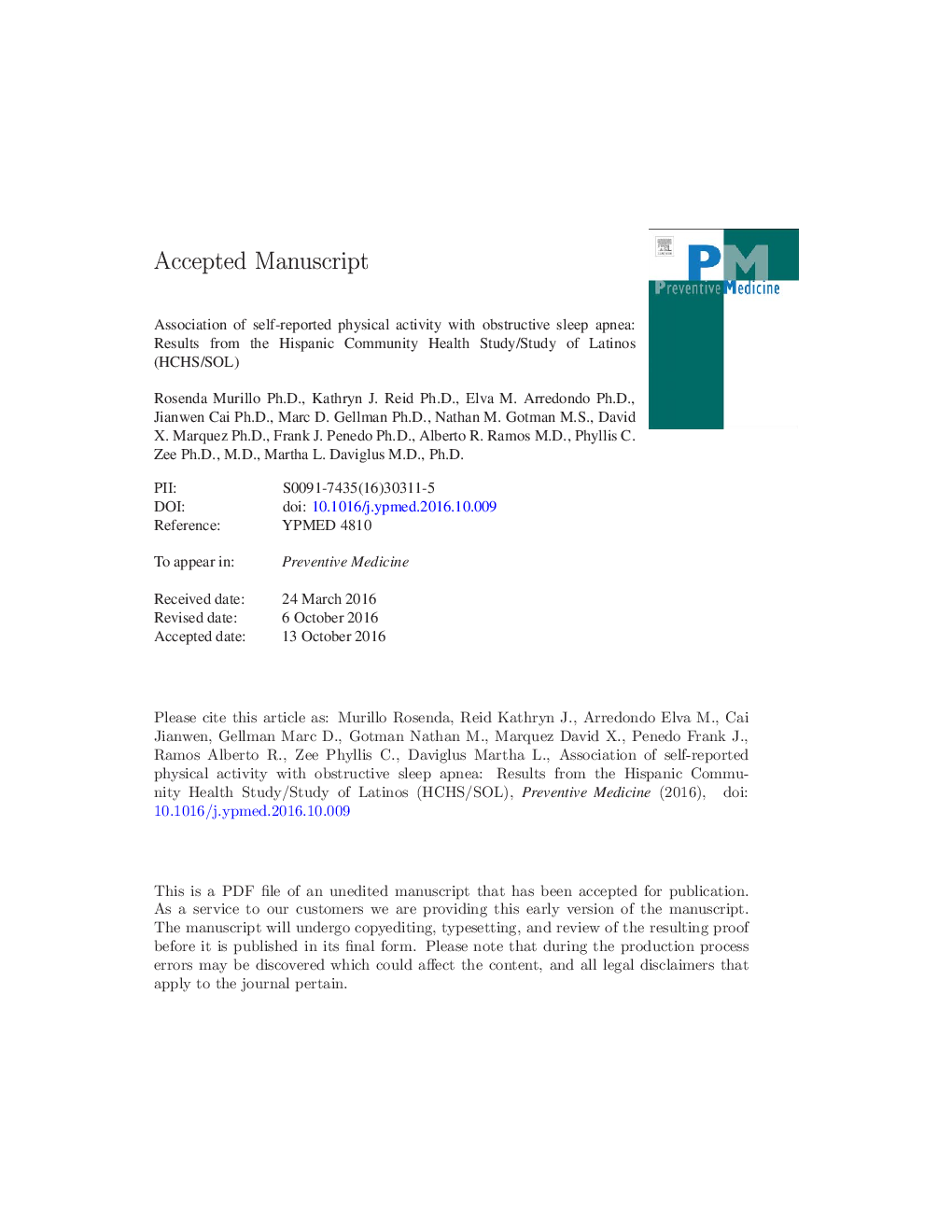 Association of self-reported physical activity with obstructive sleep apnea: Results from the Hispanic Community Health Study/Study of Latinos (HCHS/SOL)