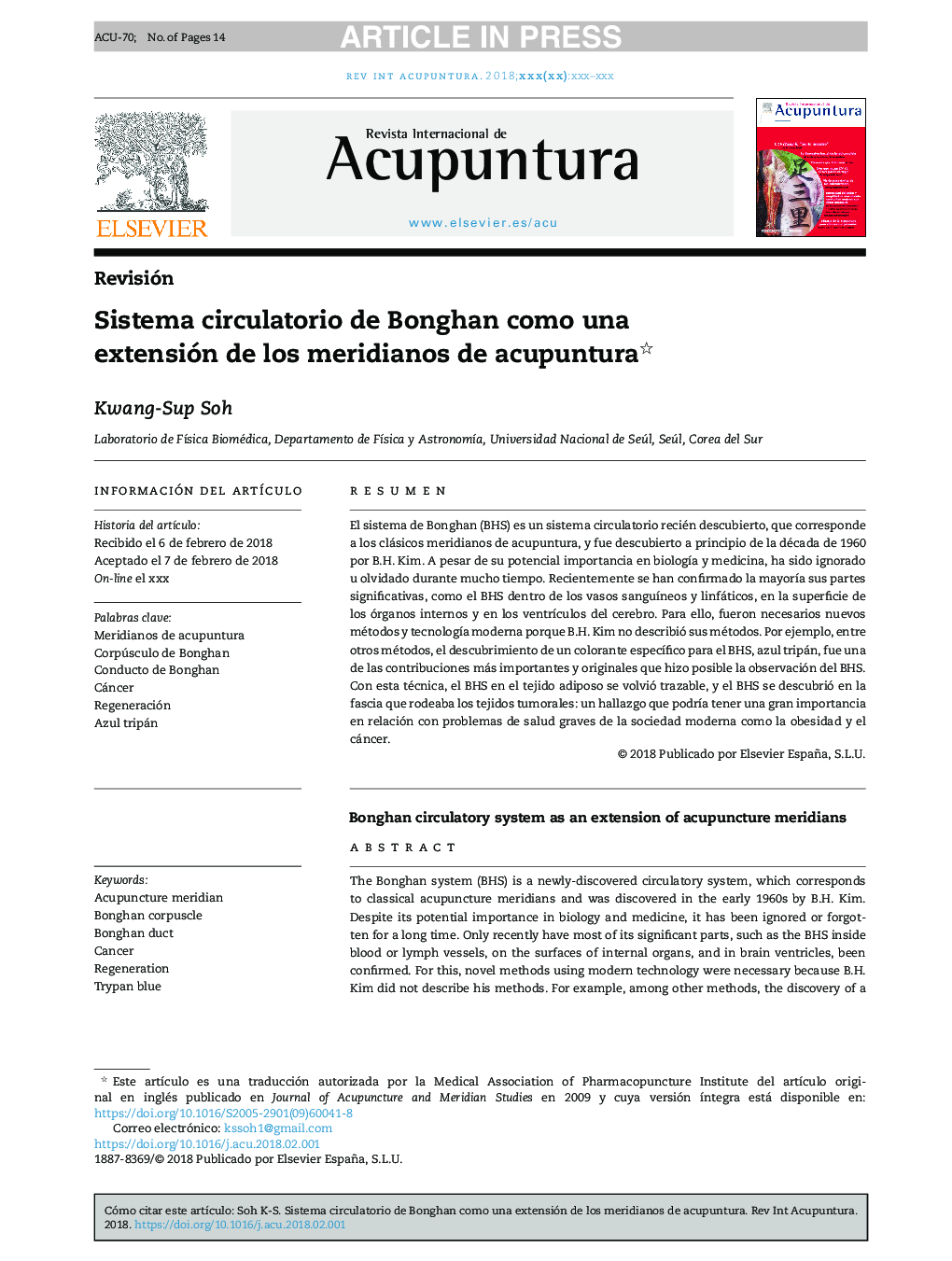 Sistema circulatorio de Bonghan como una extensión de los meridianos de acupuntura