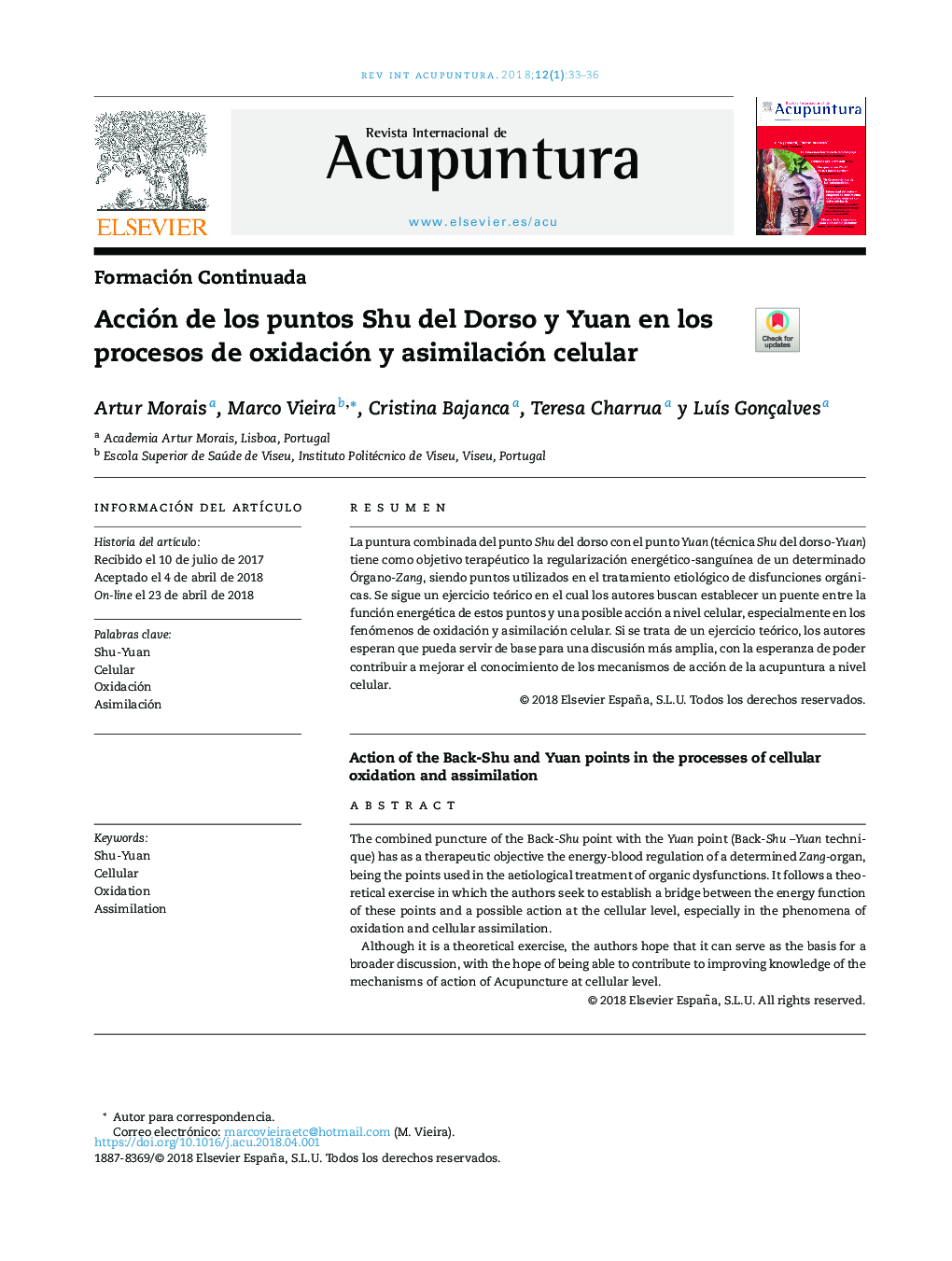 Acción de los puntos Shu del Dorso y Yuan en los procesos de oxidación y asimilación celular