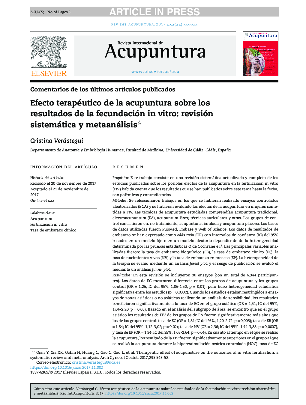 Efecto terapéutico de la acupuntura sobre los resultados de la fecundación in vitro: revisión sistemática y metaanálisis