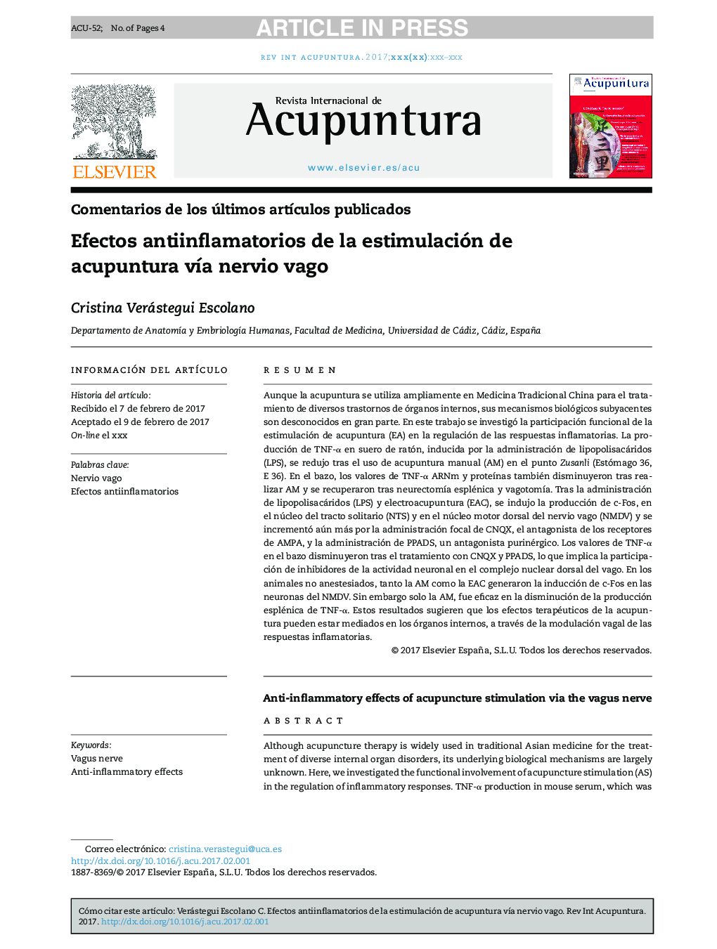 Efectos antiinflamatorios de la estimulación de acupuntura vÃ­a nervio vago