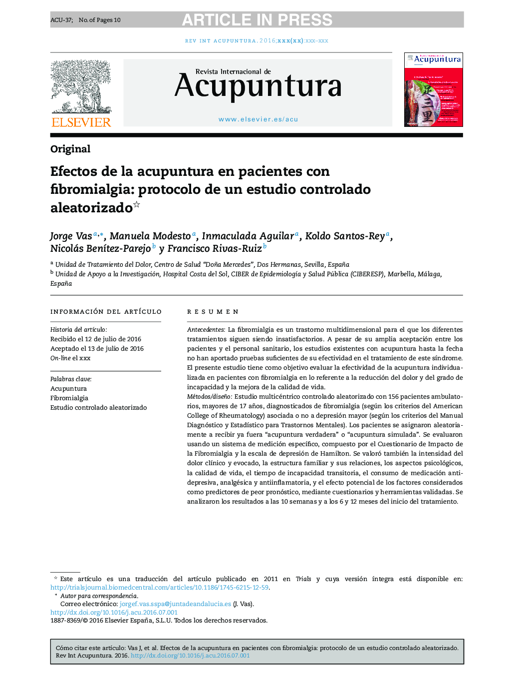 Efectos de la acupuntura en pacientes con fibromialgia: protocolo de un estudio controlado aleatorizado