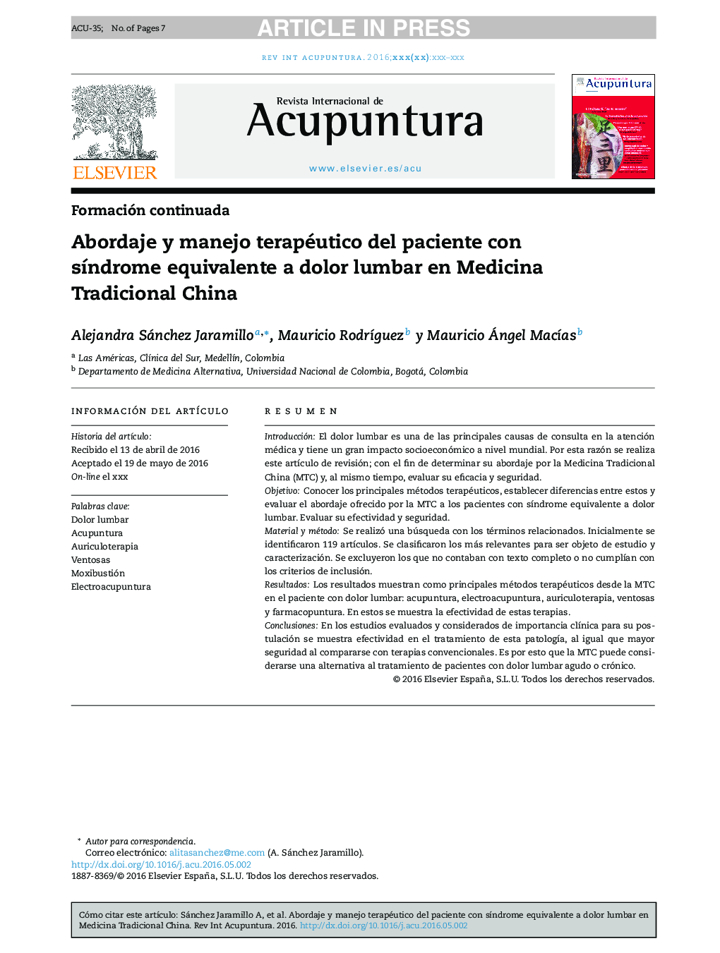 Abordaje y manejo terapéutico del paciente con sÃ­ndrome equivalente a dolor lumbar en Medicina Tradicional China