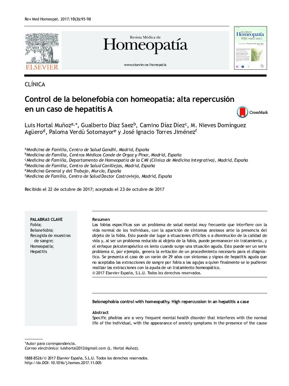 Control de la belonefobia con homeopatÃ­a: alta repercusión en un caso de hepatitis A