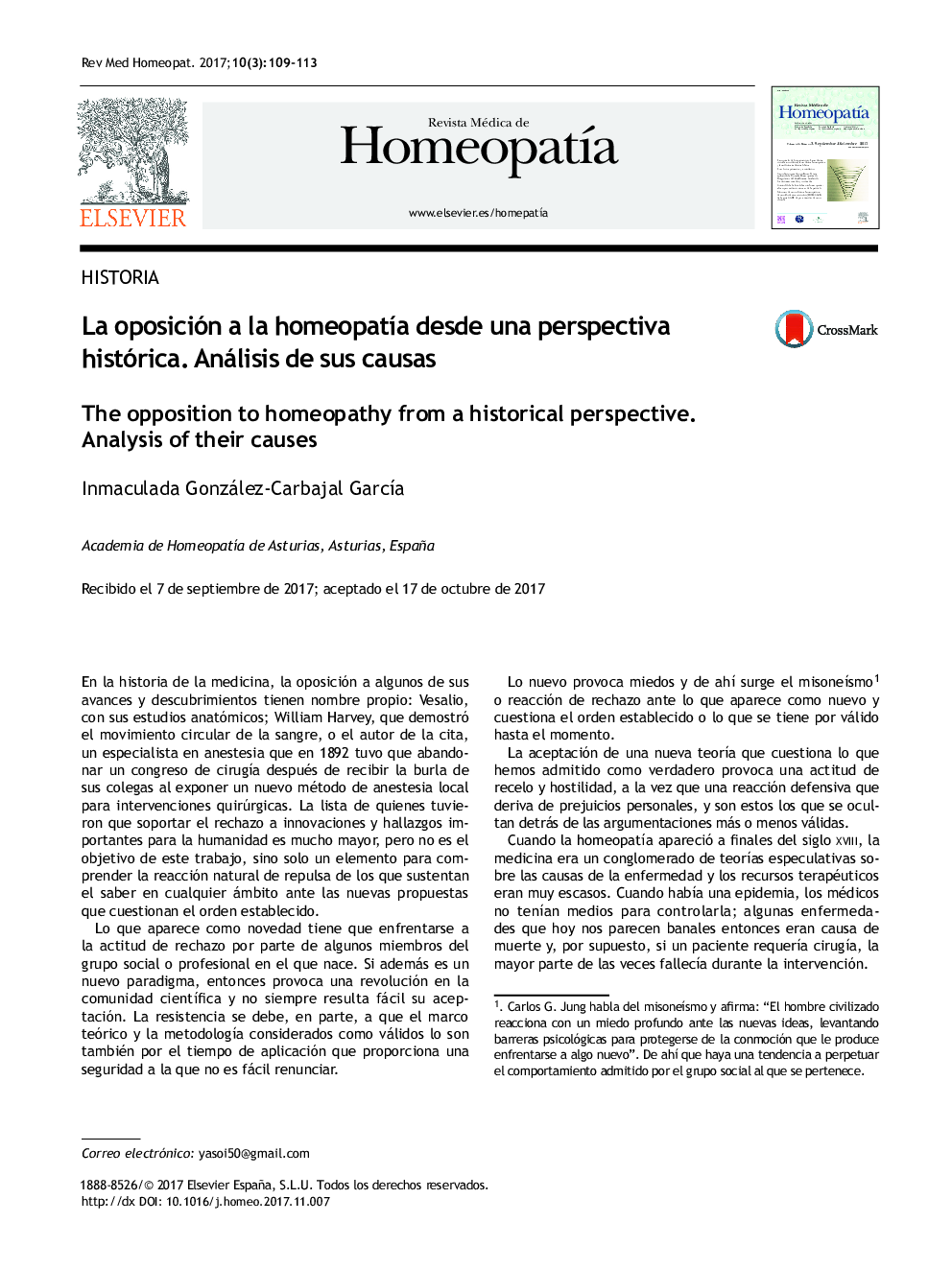 La oposición a la homeopatÃ­a desde una perspectiva histórica. Análisis de sus causas