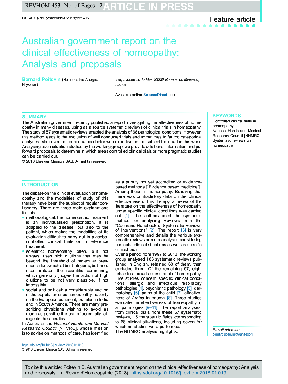 Australian government report on the clinical effectiveness of homeopathy: Analysis and proposals