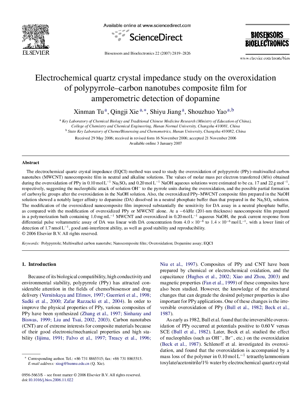 Electrochemical quartz crystal impedance study on the overoxidation of polypyrrole–carbon nanotubes composite film for amperometric detection of dopamine