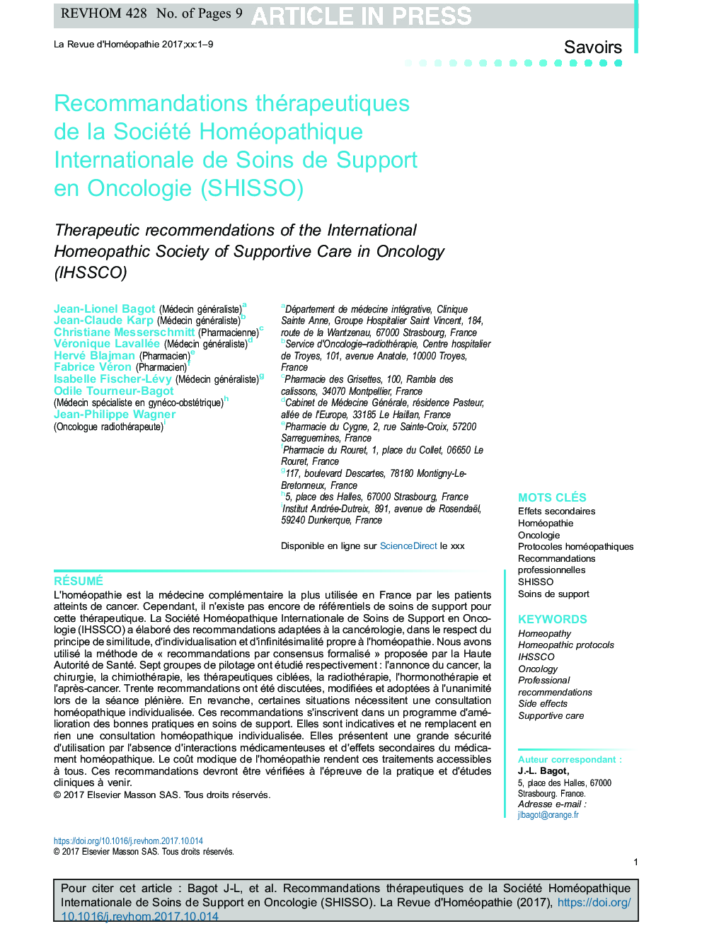 Recommandations thérapeutiques de la Société Homéopathique Internationale de Soins de Support en Oncologie (SHISSO)