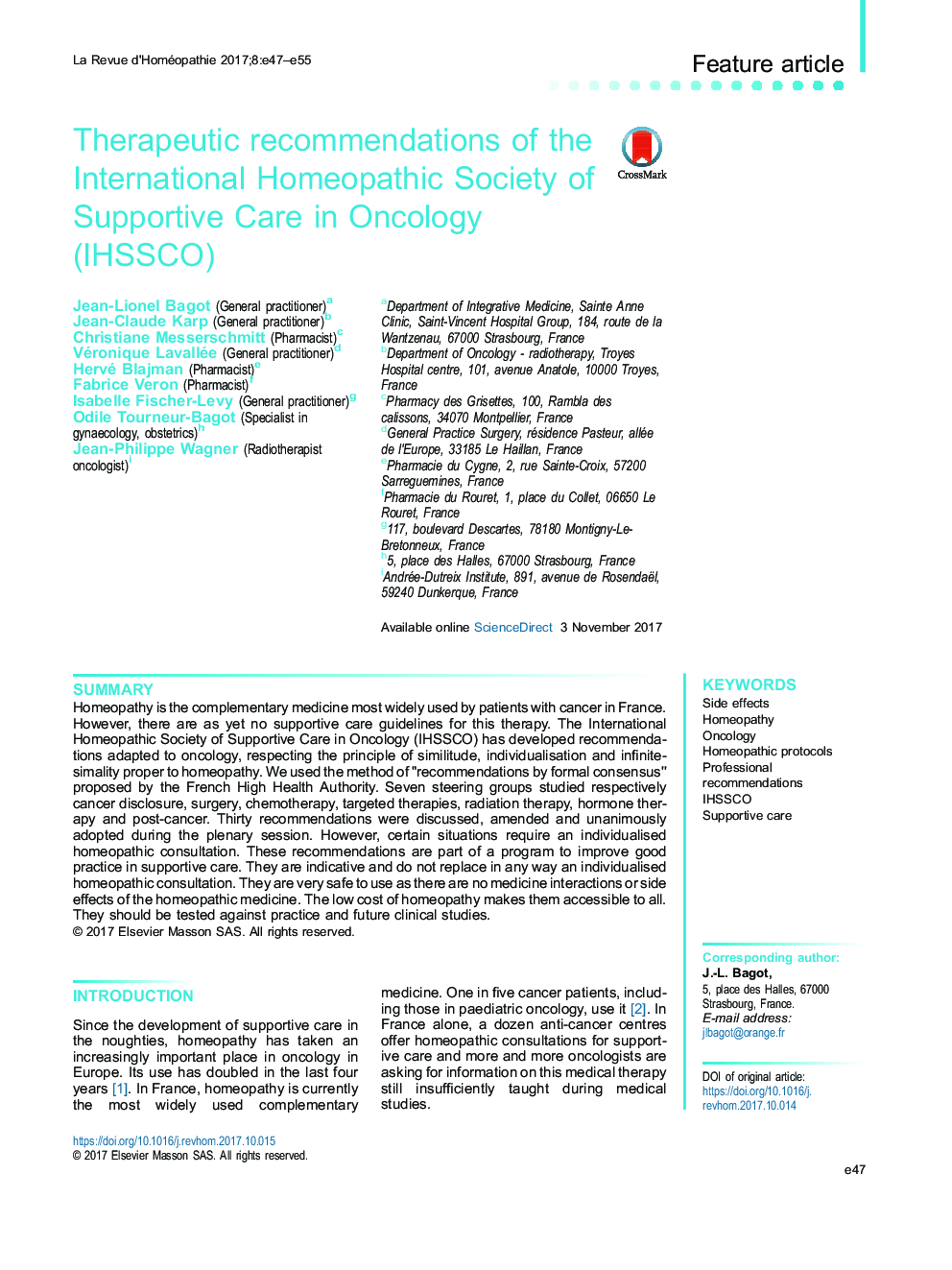 Therapeutic recommendations of the International Homeopathic Society of Supportive Care in Oncology (IHSSCO)
