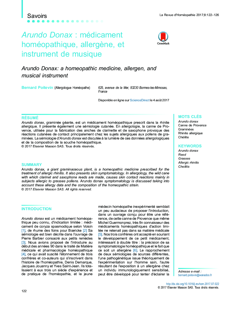 Arundo DonaxÂ : médicament homéopathique, allergÃ¨ne, et instrument de musique