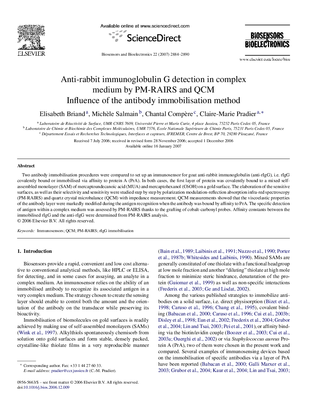 Anti-rabbit immunoglobulin G detection in complex medium by PM-RAIRS and QCM: Influence of the antibody immobilisation method