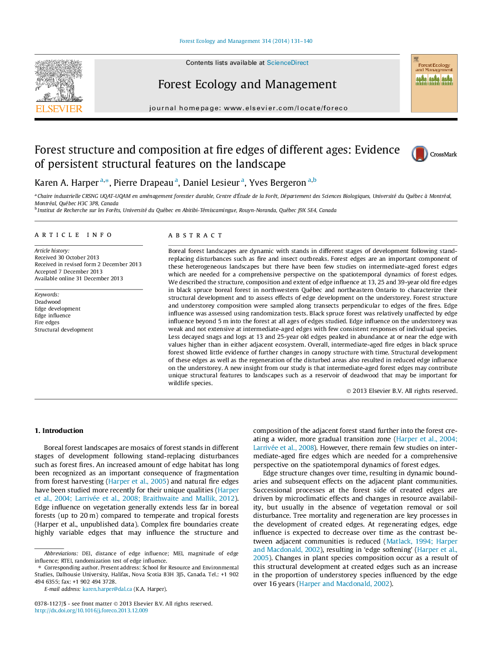 Forest structure and composition at fire edges of different ages: Evidence of persistent structural features on the landscape