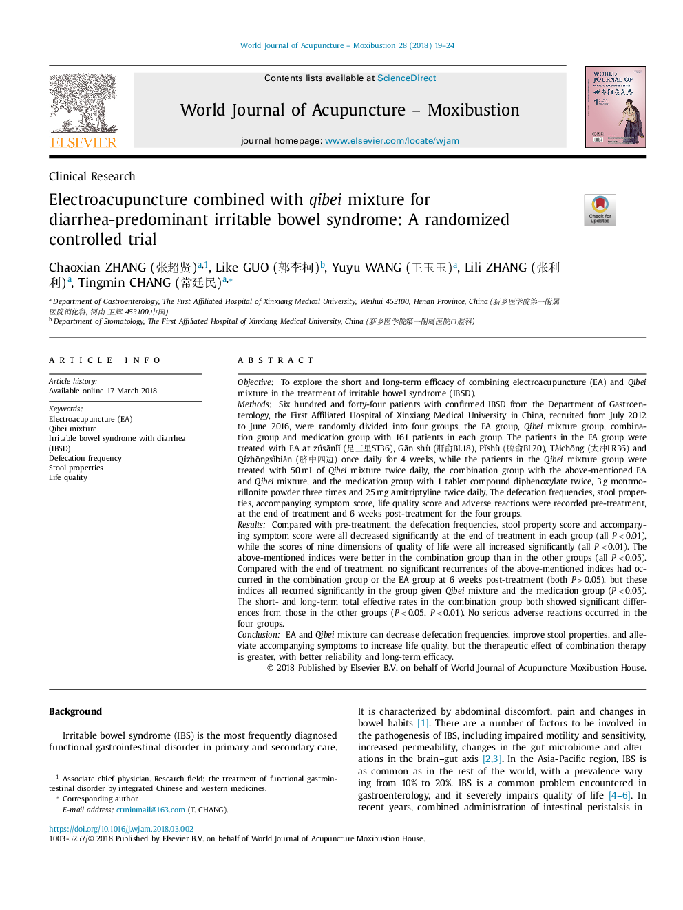 Electroacupuncture combined with qibei mixture for diarrhea-predominant irritable bowel syndrome: A randomized controlled trial