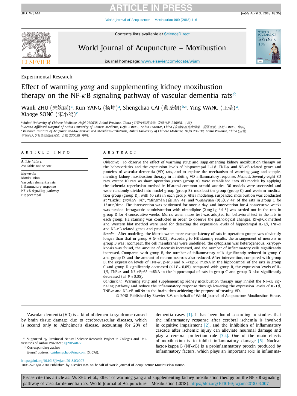 Effect of warming yang and supplementing kidney moxibustion therapy on the NF-ÎºB signaling pathway of vascular dementia rats