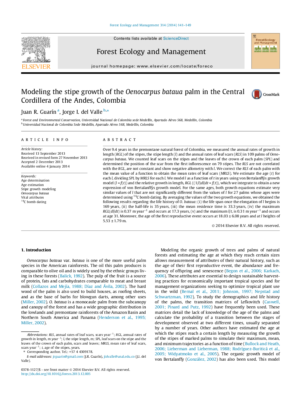 Modeling the stipe growth of the Oenocarpus bataua palm in the Central Cordillera of the Andes, Colombia