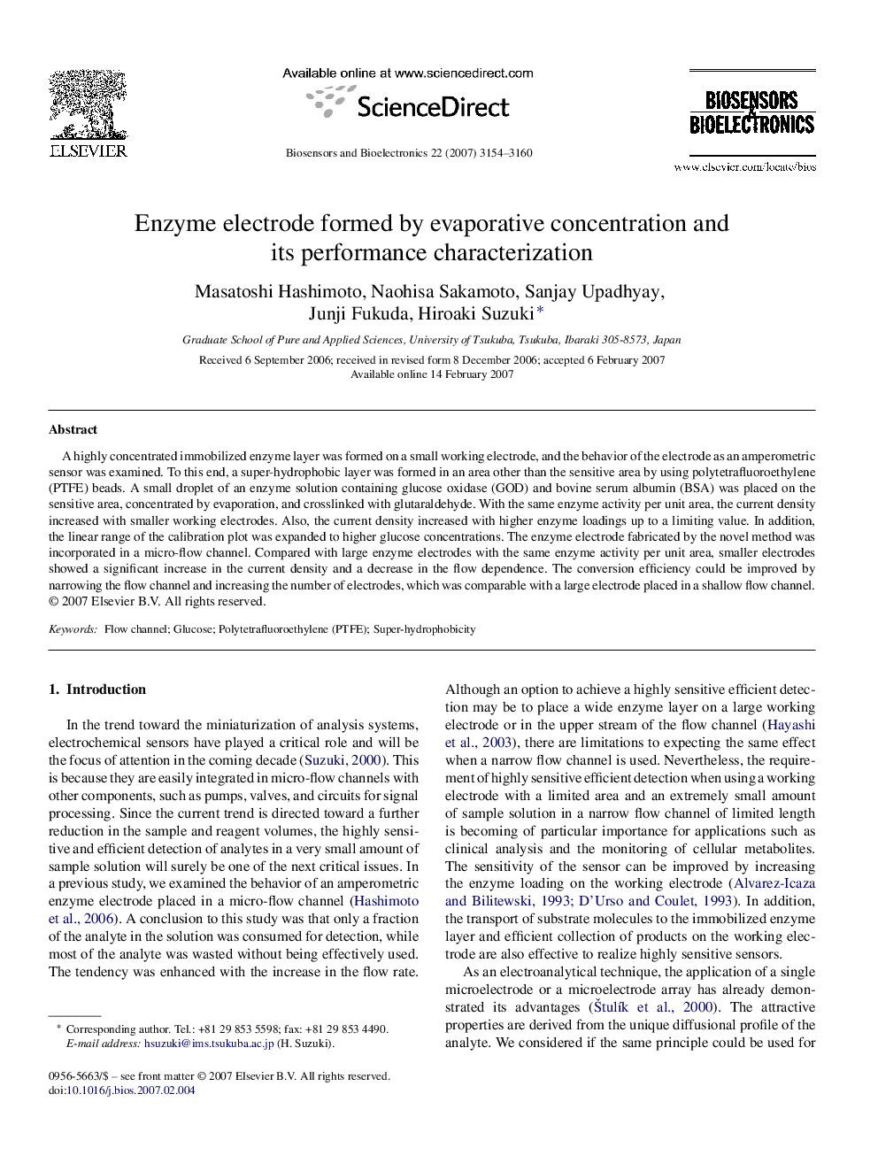 Enzyme electrode formed by evaporative concentration and its performance characterization