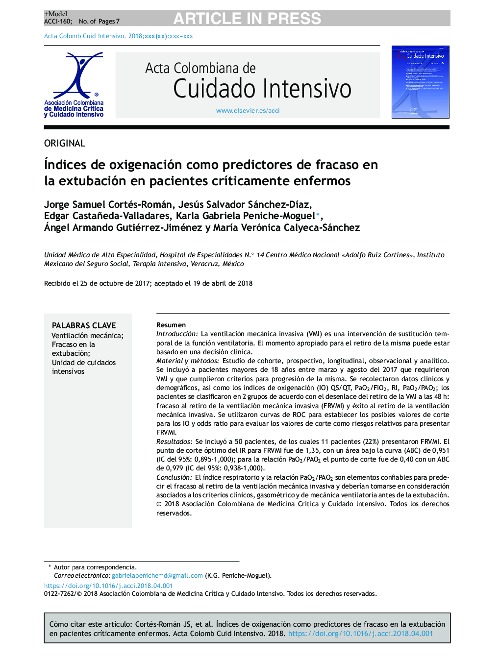 Índices de oxigenación como predictores de fracaso en la extubación en pacientes crÃ­ticamente enfermos