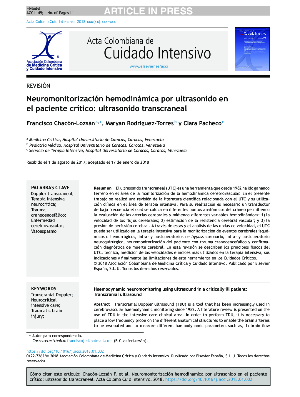 Neuromonitorización hemodinámica por ultrasonido en el paciente crÃ­tico: ultrasonido transcraneal