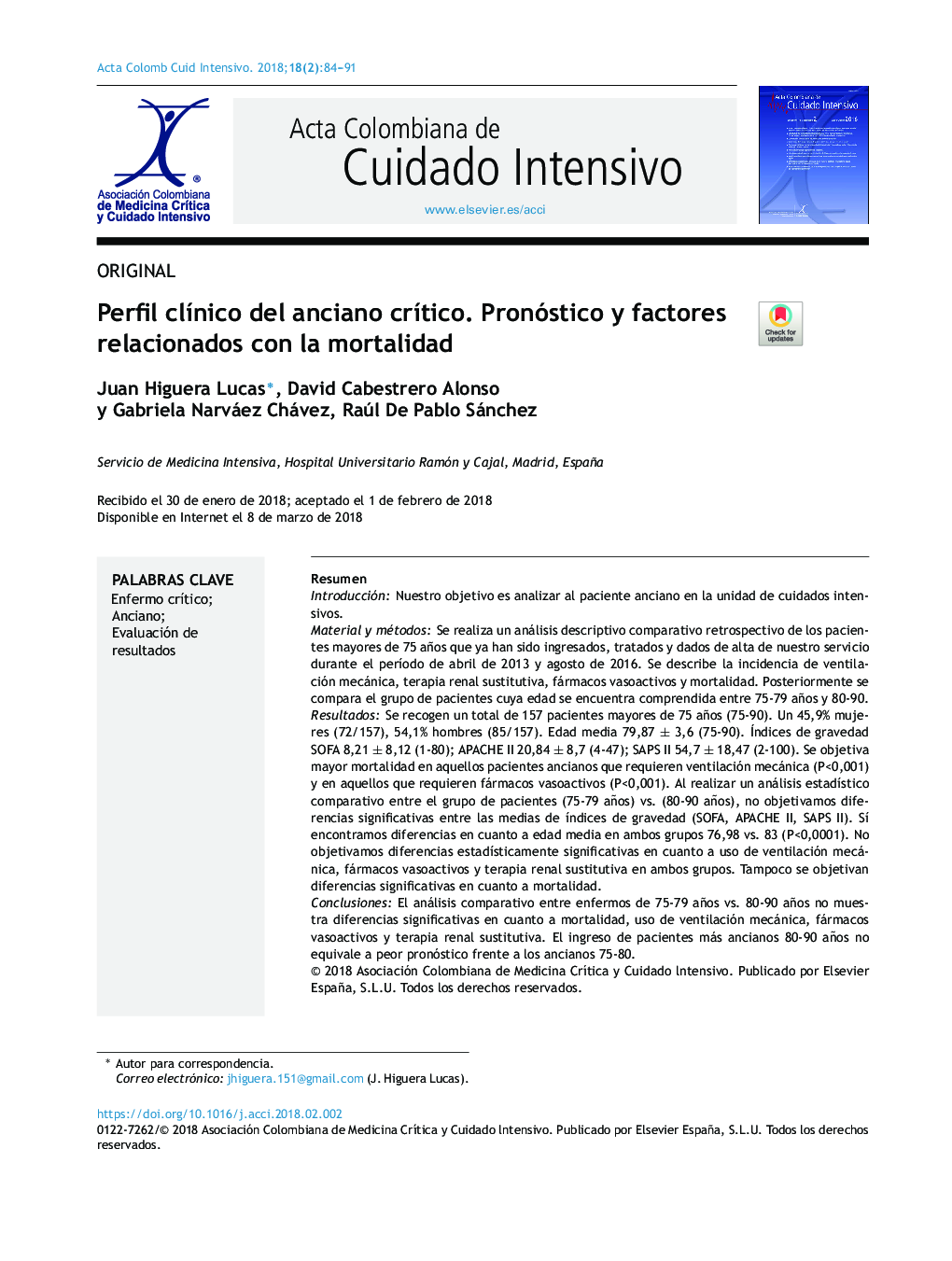 Perfil clÃ­nico del anciano crÃ­tico. Pronóstico y factores relacionados con la mortalidad