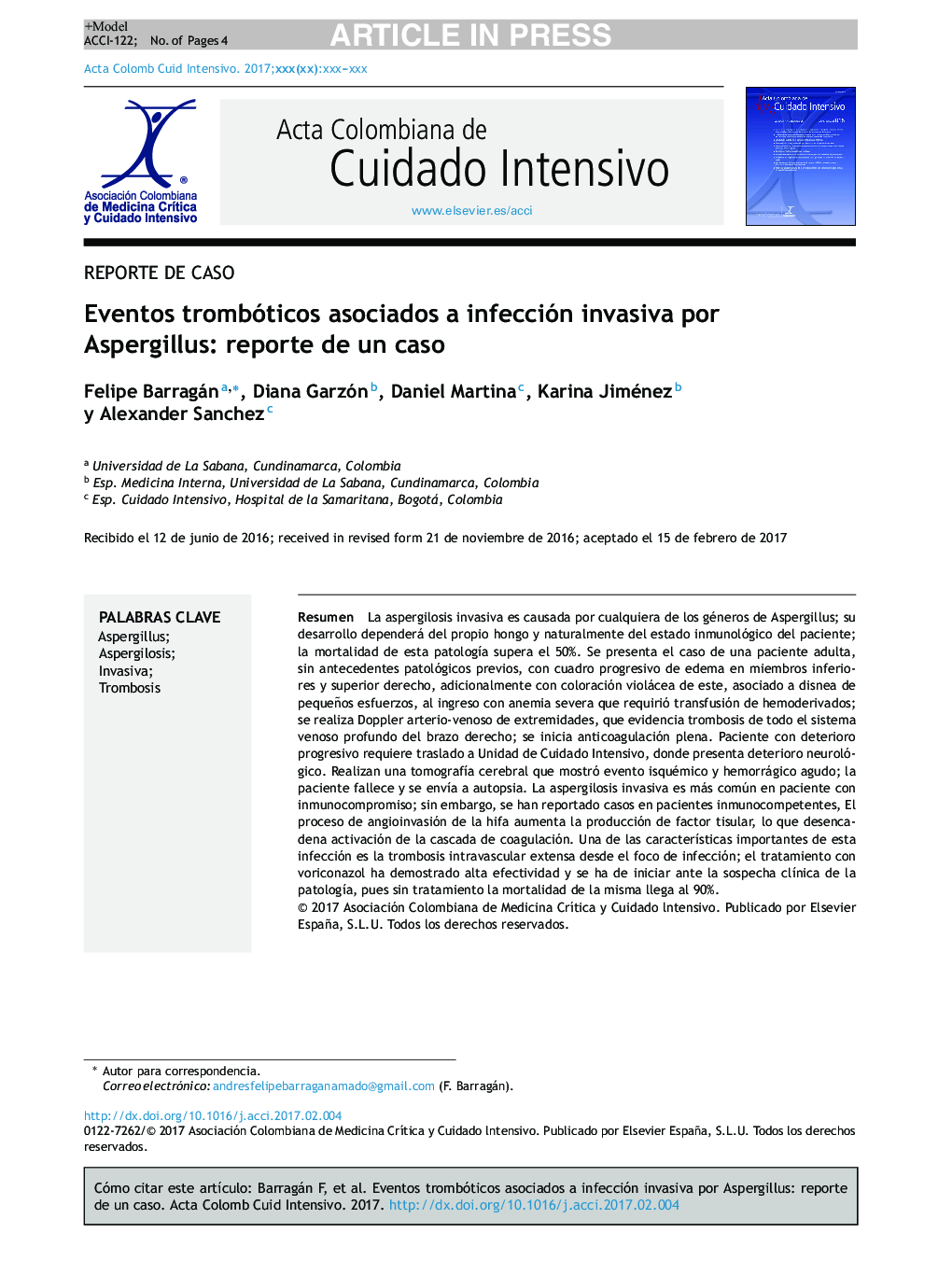 Eventos trombóticos asociados a infección invasiva por Aspergillus: reporte de un caso