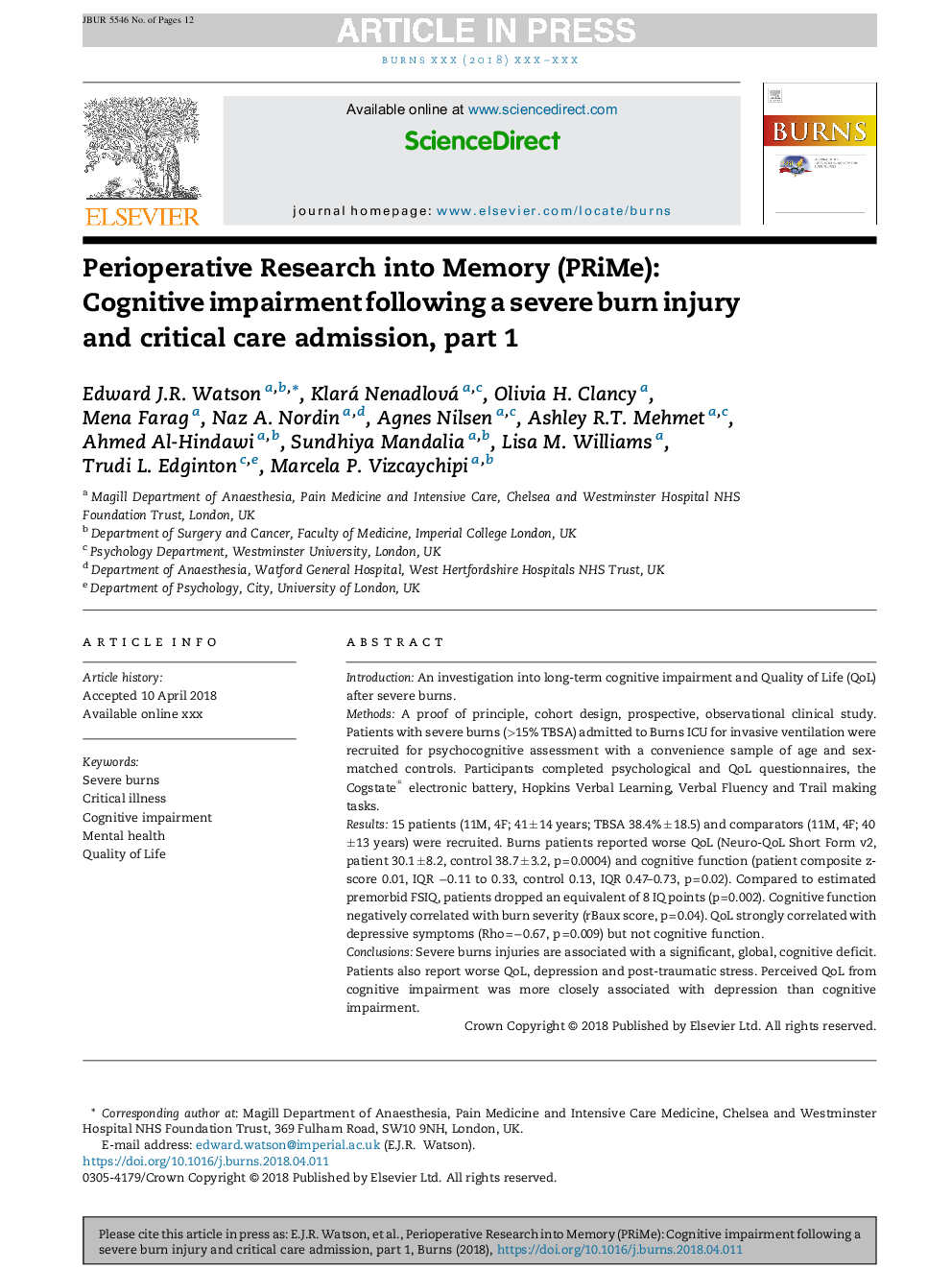 Perioperative Research into Memory (PRiMe): Cognitive impairment following a severe burn injury and critical care admission, part 1